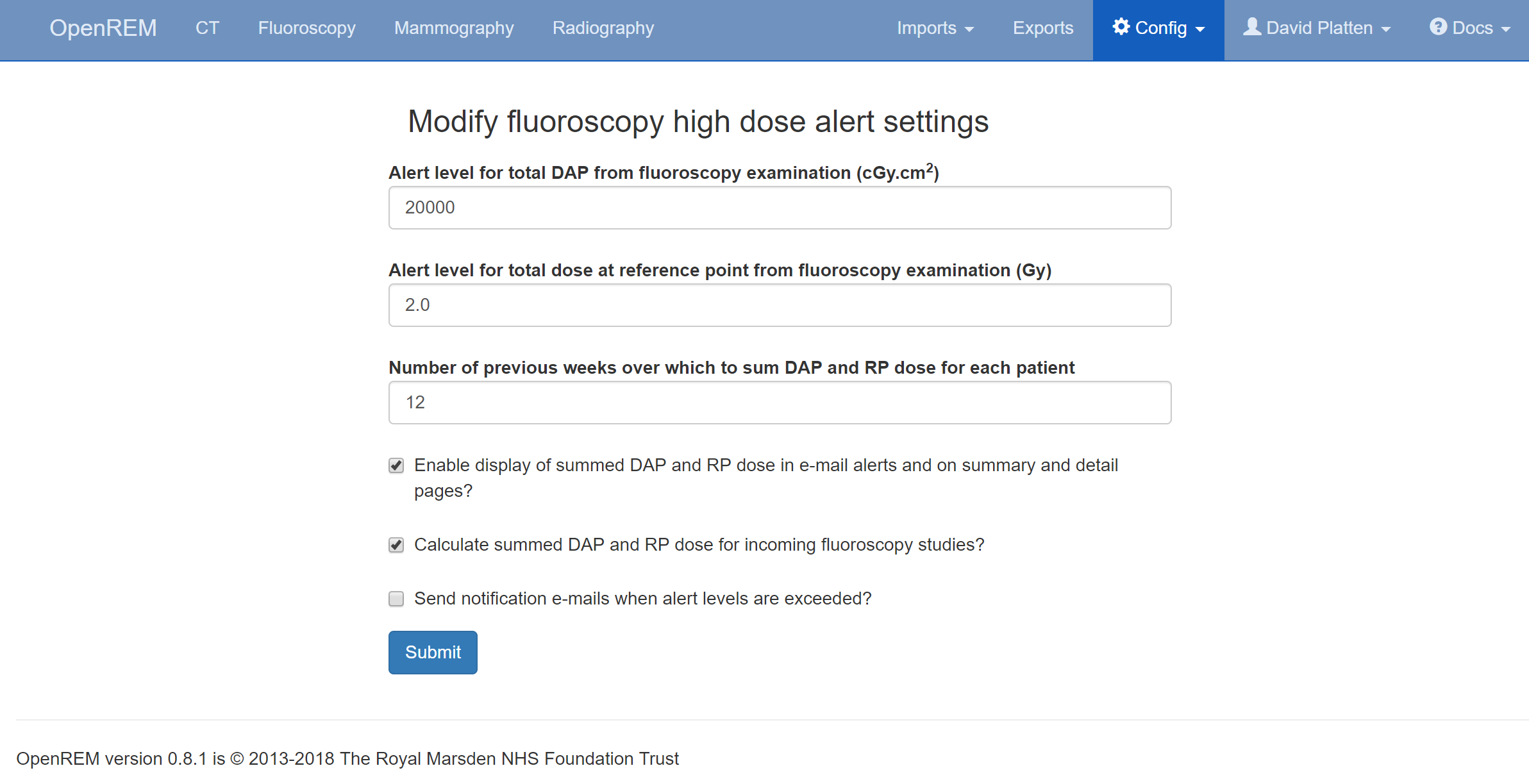 Fluoroscopy high dose alert settings