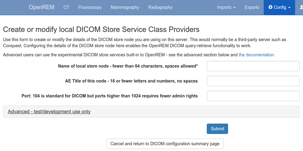 DICOM Store SCP configuration