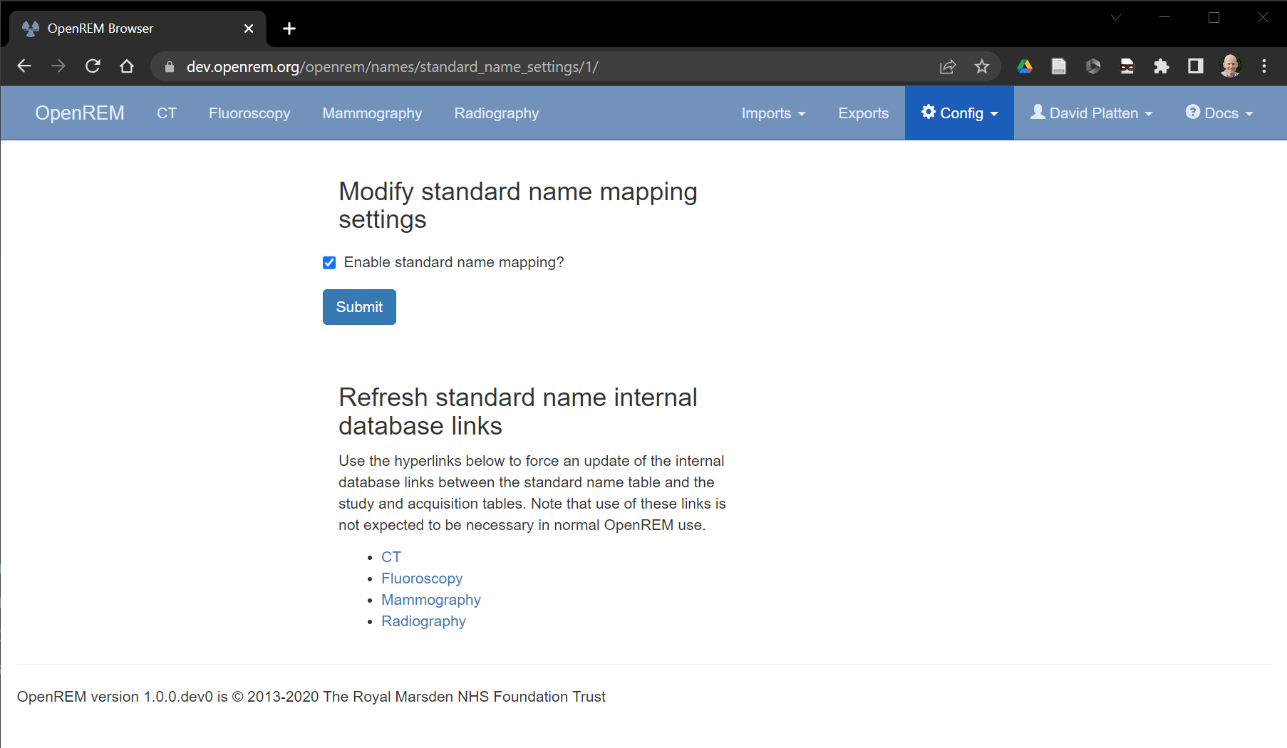 The standard name mapping settings page