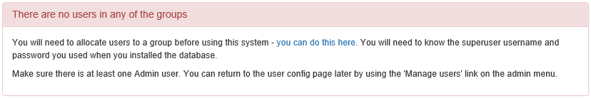Initial home page with no users in groups